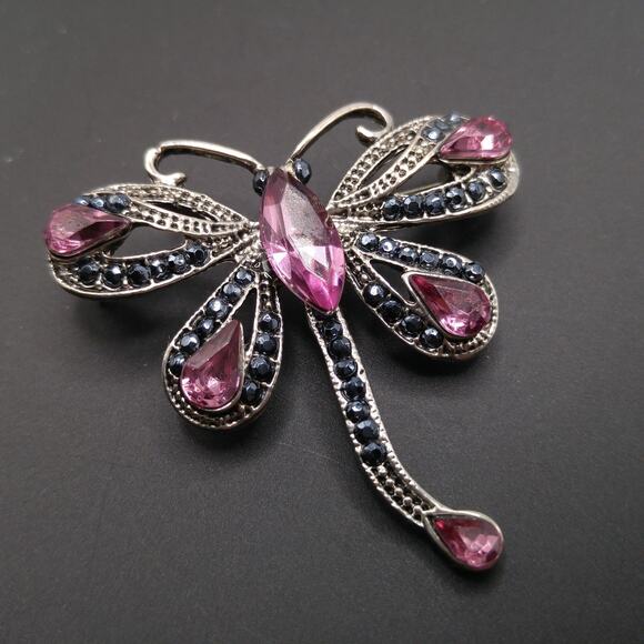 Dragonfly Pink Rhinestone Brooch, Gray Metallic Rhinestones, 1990s Vintage - Picture 8 of 10